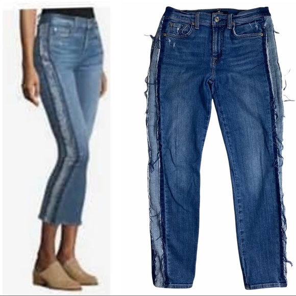 7 For All Mankind Roxanne Dark frayed tuxedo stripe distressed Skinny Jeans - Picture 1 of 8